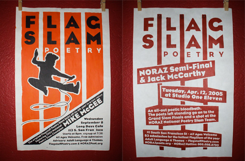 two silkscreen posters for the 2004-2005 FlagSlam poetry season